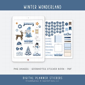 May include: Digital planner stickers with a winter wonderland theme. The stickers include illustrations of a deer, gnome, rabbit, snowman, snowflakes, and the words "January", "Winter Wonderland", "Mitten Weather", and "Let it Snow".