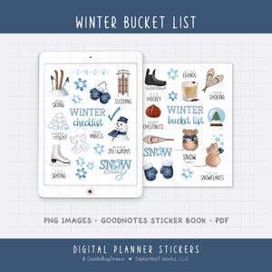 May include: Digital planner stickers featuring a winter bucket list and checklist. The image includes illustrations of winter activities like skiing, ice skating, building a snowman, and drinking eggnog. The color palette is primarily blue and white.