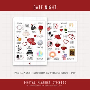 May include: Digital planner stickers with a date night theme. The stickers include icons for dinner, movies, drinks, concerts, and other date night activities. The text "DATE NIGHT" is at the top.