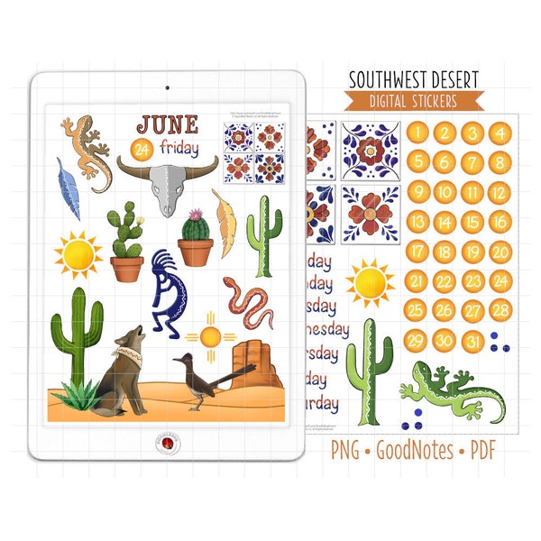 Southwest Desert Digital Planner Stickers, June Monthly Kit, GoodNotes Stickers, Pre-Cropped PNG, Summer Cactus Printable Journal Stickers