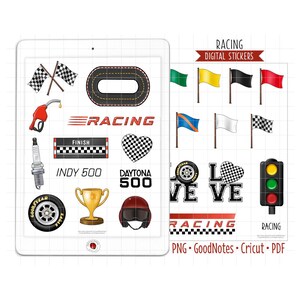 May include: A set of digital stickers featuring racing-themed illustrations. The stickers include a checkered flag, a race track, a trophy, a racing helmet, a gas can, a spark plug, a checkered heart, a tire, a traffic light, and a finish line. The text "RACING" appears on the stickers.