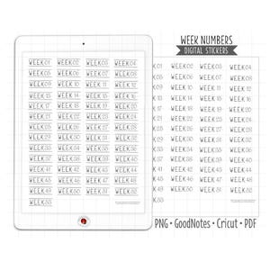 May include: A digital planner sticker sheet with week numbers from 01 to 53. The stickers are black and white and are designed for use in digital planners.