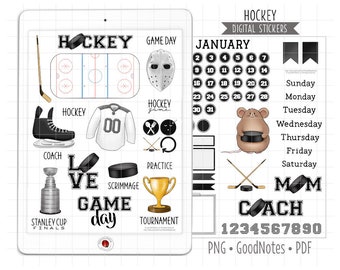 Hockey Digital Planner Stickers, Winter Sports Monthly Kit, GoodNotes Stickers, Pre-Cropped PNG, Printable PDF, Game Day Journal Stickers