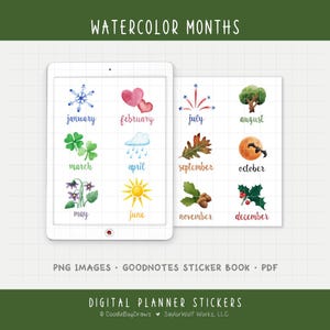 Puede incluir: Pegatinas digitales para planificador con ilustraciones en acuarela para cada mes del año. Incluye imágenes de enero a diciembre. El texto "Watercolor Months" está en la parte superior. Disponible en PNG, GoodNotes y PDF.