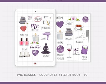 Pegatinas digitales para planificador de momentos de relajación y autocuidado (PNG, GoodNotes, PDF)