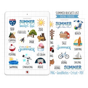 Sommer Bucket List Digitale Planer Aufkleber, GoodNotes Aufkleber, zugeschnittene PNG, druckbare PDF, Spaß Sommer Checkliste, Journal Aufkleber