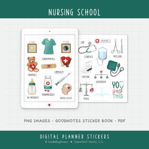 Puede incluir: Pegatinas digitales para planificador de escuela de enfermería, con ilustraciones de herramientas médicas, un oso de peluche y una bata. El texto incluye "Nursing School", "You got this" y asignaturas como "Fundamentals".