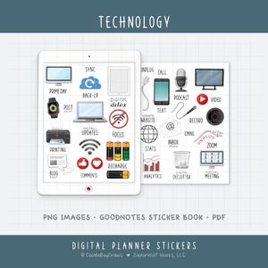 Pegatinas para planificador digital de tecnología: mantenimiento de dispositivos informáticos, iconos de tareas de Internet (PNG, GoodNotes, PDF)