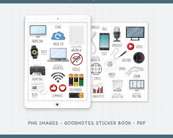 Technology Digital Planner Stickers - Computer Device Maintenance, Internet Task Icons (PNG, GoodNotes, PDF)