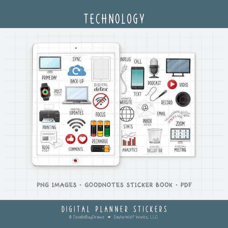 Technologie Digitale plannerstickers - onderhoud computerapparatuur, internettaakpictogrammen (PNG, GoodNotes, pdf) afbeelding 1