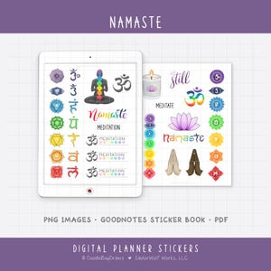May include: Digital planner stickers with a yoga and meditation theme. The stickers include colorful chakra symbols, Om symbols, lotus flowers, and the word "Namaste". The image also includes the text "PNG Images, Goodnotes Sticker Book, PDF".