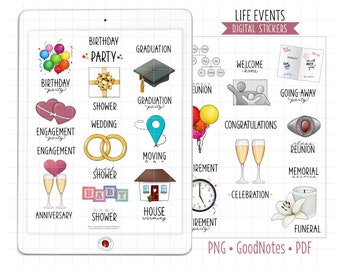 Life Events Digital Planner Stickers, GoodNotes Stickers, Pre-Cropped PNG, Printable PDF, Birthdays, Parties, Celebrations, Journal Stickers