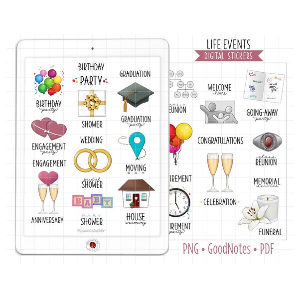 Life Events Digital Planner Stickers, GoodNotes Stickers, Pre-Cropped PNG, Printable PDF, Birthdays, Parties, Celebrations, Journal Stickers