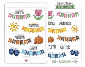 Four Seasons Digital Planner Stickers, GoodNotes Stickers, Pre-Cropped PNG, Printable PDF, Spring Summer Fall Autumn Winter Journal Stickers