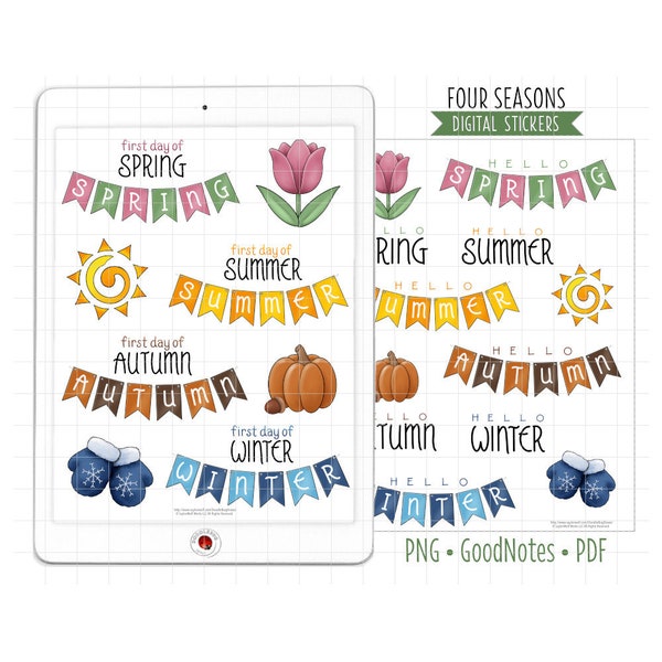 Four Seasons Digital Planner Stickers, GoodNotes Stickers, Pre-Cropped PNG, Printable PDF, Spring Summer Fall Autumn Winter Journal Stickers