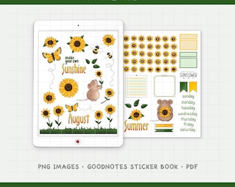 Puede incluir: Pegatinas digitales para planificador con girasoles, mariposas y abejas. El diseño incluye las palabras "Sunflowers", "August", "Summer" y "make your own Sunshine". Pegatinas PNG para GoodNotes.