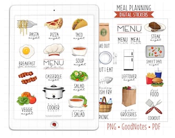 Meal Planning Digital Planner Stickers, GoodNotes Stickers, Pre-Cropped PNG, Printable PDF, Menu Theme Night, Cooking, Food Journal Stickers