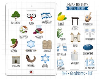 Jewish Holidays and Celebrations Digital Planner Stickers, GoodNotes Stickers, Pre-Cropped PNG, Printable PDF, Judaism Journal Stickers