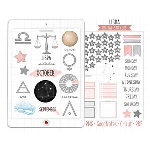 Libra Digital Planner Stickers - September & October Astrology Calendar Theme (GoodNotes, PNG, Cricut, Printable PDF)