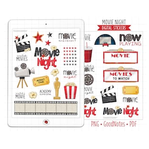 Movie Night Digital Planner Stickers, GoodNotes Stickers, Pre-Cropped PNG, Printable PDF, Theater, Cinema, Movie Lover, Journal Stickers
