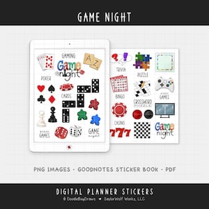 Pode incluir: Autocolantes digitais para planeador com o tema noite de jogos. Inclui imagens de cartas de poker, dados, peças de jogo, um cartão de bingo, um crucigrama e um comando de videojogos. O texto "GAME NIGHT" está no topo.