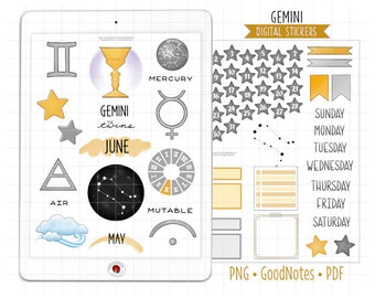 Gemini the Twins Digital Planner Stickers, May / June Monthly Kit, GoodNotes Stickers, PNG, Printable PDF, Astrology Journal Stickers