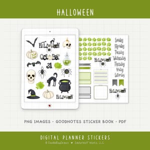 May include: Digital planner stickers with a Halloween theme. The stickers include pumpkins, bats, skulls, spiders, a black cat, and a witch's hat. The text "Halloween" and "October 31" are also included. The stickers are in PNG format.