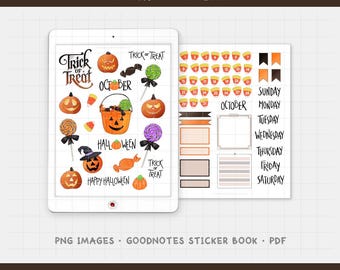 Trick or Treat - October Monthly Digital Planner Sticker Kit - Halloween Theme (PNG, GoodNotes, PDF)