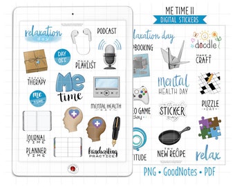 Me Time Digital Planner Stickers, Mental Health Day GoodNotes Stickers, Pre-Cropped PNG, Printable PDF, Self Care, Day Off Journal Stickers