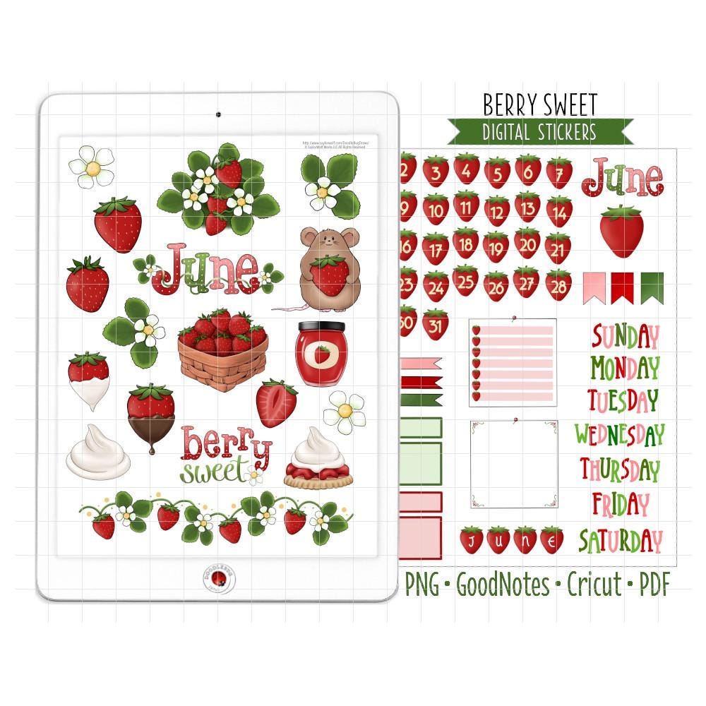 Strawberries Digital Planner Stickers, June Monthly Kit, GoodNotes Stickers, Pre-Cropped PNG, Printable PDF, Summer Fruit Journal Stickers