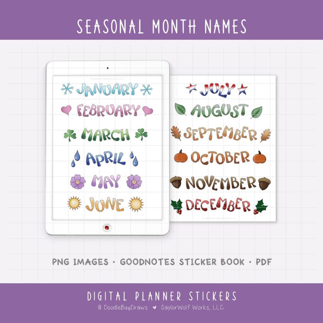 Seasonal Month Names Digital Planner Stickers - Monthly Calendar ...