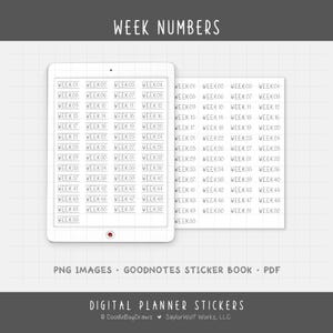 May include: Digital planner stickers featuring week numbers from 01 to 52, displayed on a tablet and a separate sheet. The text "WEEK NUMBERS" is at the top. The stickers are labeled "PNG IMAGES", "GOODNOTES STICKER BOOK", and "PDF".