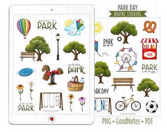 Day at the Park Digital Planner Stickers, GoodNotes Stickers, Pre-Cropped PNG, Printable PDF, Outdoor Summer Recreation, Journal Stickers