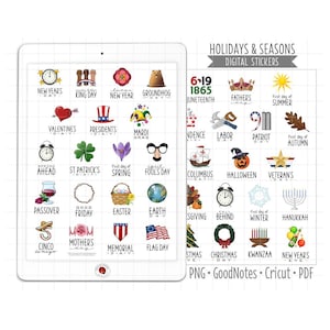 US Holidays and Seasons Digital Planner Stickers, GoodNotes Stickers, Pre-Cropped PNG, Printable PDF, Annual Calendar Icons Journal Stickers