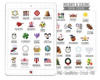 US Holidays and Seasons Digital Planner Stickers, GoodNotes Stickers, Pre-Cropped PNG, Printable PDF, Annual Calendar Icons Journal Stickers