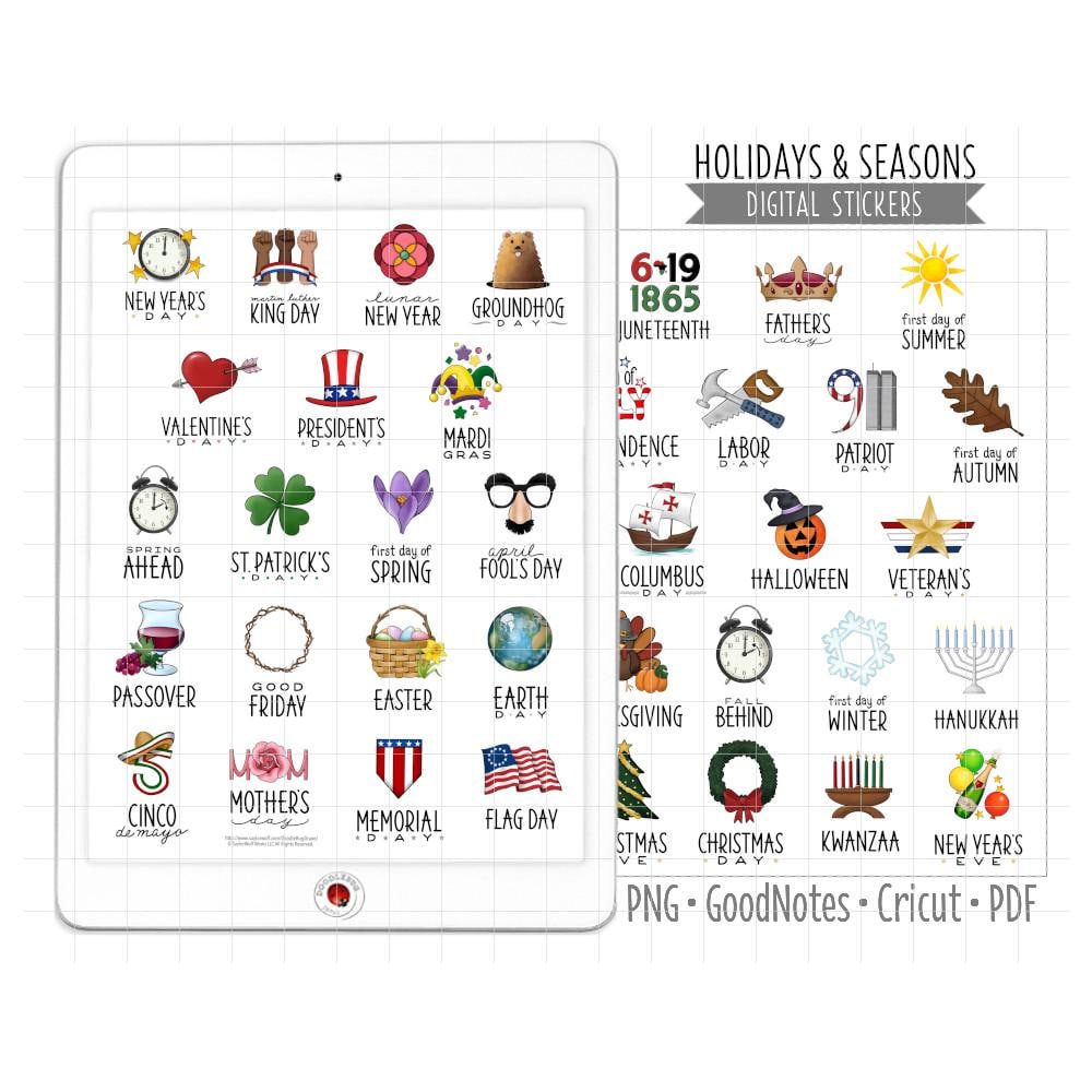 US Holidays and Seasons Digital Planner Stickers, GoodNotes Stickers, Pre-Cropped PNG, Printable PDF, Annual Calendar Icons Journal Stickers