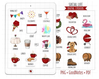 Social Life Digital Planner Stickers, GoodNotes Stickers, Pre-Cropped PNG, Printable PDF, Fun Recreation, Entertainment Journal Stickers