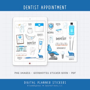 Puede incluir: Pegatinas de planificador digital con temática dental. Las pegatinas incluyen ilustraciones de dientes, instrumentos dentales, un sillón dental, pasta de dientes y las palabras "Cita con el dentista", "Seguro dental" y "Ortodoncista".