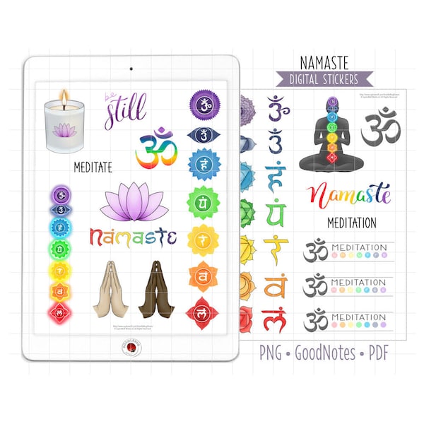Meditation Digital Planner Stickers, GoodNotes Stickers, Pre-Cropped PNG, Printable PDF, Self Care, Namaste, Chakras, Journal Stickers