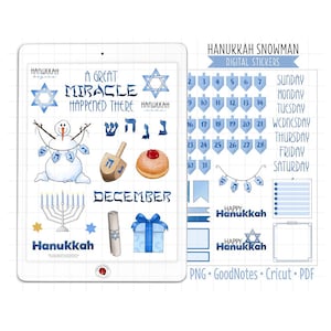 Pegatinas digitales para agenda de Hanukkah - Tema de calendario de muñeco de nieve de diciembre (PNG, GoodNotes, PDF)
