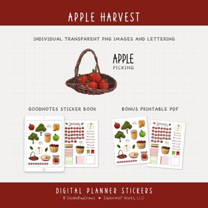 Puede incluir: Pegatinas digitales para planificador con tem&aacute;tica de cosecha de manzanas. La imagen incluye una cesta de manzanas rojas, p&aacute;ginas de planificador digital y el texto "Apple Harvest". Las pegatinas son para GoodNotes y PDF imprimible.