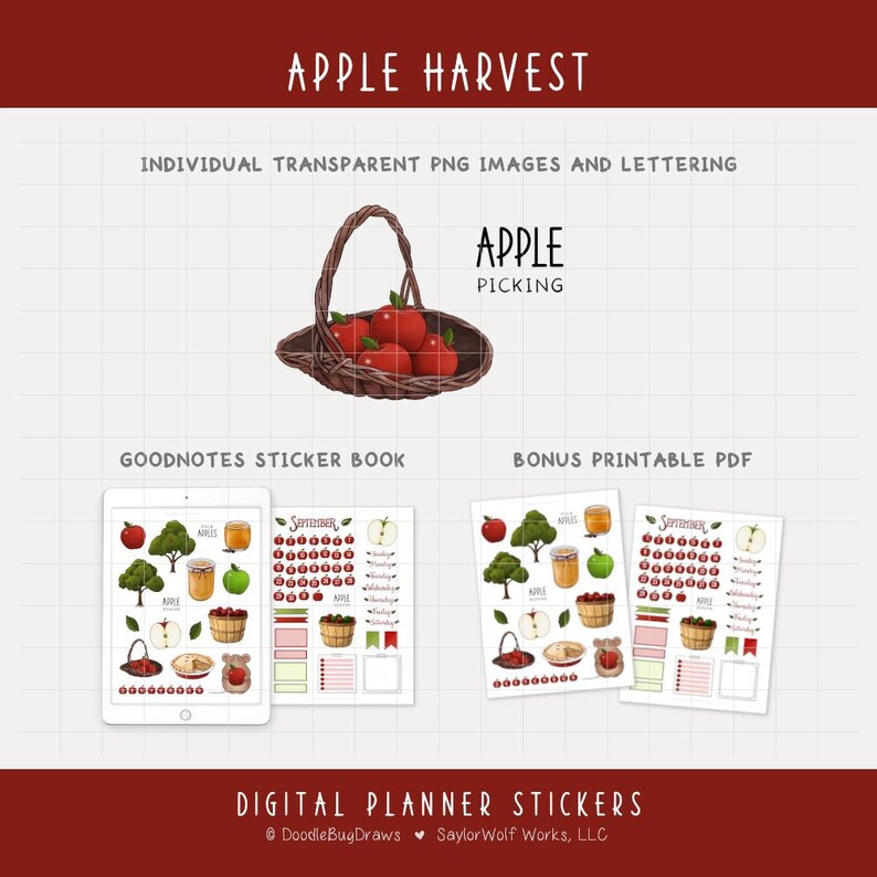 Puede incluir: Pegatinas digitales para planificador con tem&aacute;tica de cosecha de manzanas. La imagen incluye una cesta de manzanas rojas, p&aacute;ginas de planificador digital y el texto "Apple Harvest". Las pegatinas son para GoodNotes y PDF imprimible.