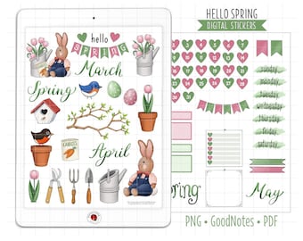 Spring Digital Planner Stickers, March April May Monthly Kit, GoodNotes Stickers, Pre-Cropped PNG, Printable PDF, Tulips Journal Stickers