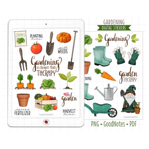 Gardening Digital Planner Stickers, GoodNotes Stickers, Pre-Cropped PNG, Printable PDF, Garden Therapy, Food, Vegetables, Journal Stickers