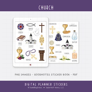 Peut inclure: Autocollants de planificateur numérique avec des symboles religieux et des mots tels que "Église", "Prière" et "Baptême". Les autocollants comprennent des images d'une croix, d'un calice, d'une bible, d'une église et d'autres icônes connexes. Le texte "PNG Images", "Goodnotes Sticker Book" et "PDF" est également inclus.