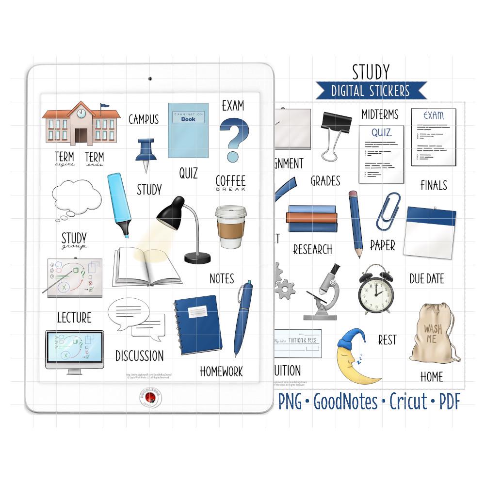 Student Life / Study Digital Planner Stickers, School GoodNotes Stickers, Pre-Cropped PNG, Printable PDF Academic Education Teacher Stickers