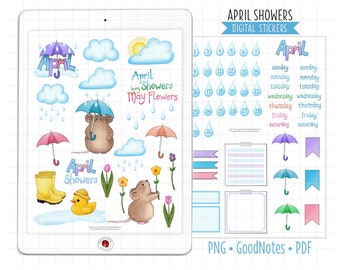 April Showers Digital Planner Stickers Monthly Kit, GoodNotes Stickers, Pre-Cropped PNG, Printable PDF, Spring Weather, Journal Stickers