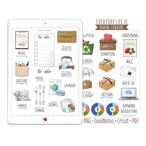 Naklejki do cyfrowego planera Everyday Life III, Naklejki GoodNotes, Wstępnie przycięte pliki PNG, Wydrukowalny plik PDF, Lista rzeczy do zrobienia, Przypomnienia, Naklejki do dziennika