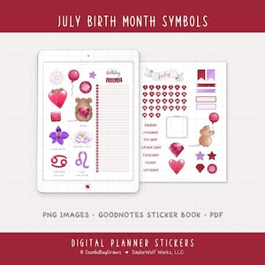 Puede incluir: Pegatinas digitales para planificador con símbolos del mes de nacimiento de julio. Incluye ilustraciones de un corazón, un ratón sosteniendo un globo, una flor y signos del zodiaco. El texto "July Birth Month Symbols" está en la parte superior.