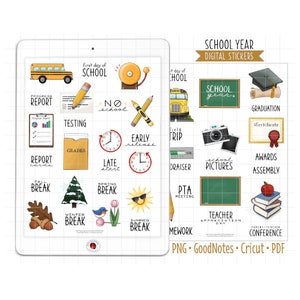 学年デジタルプランナーステッカー、GoodNotesステッカー、事前に切り取られたPNG、印刷可能なPDF、教育、学生、教師、ジャーナルステッカー